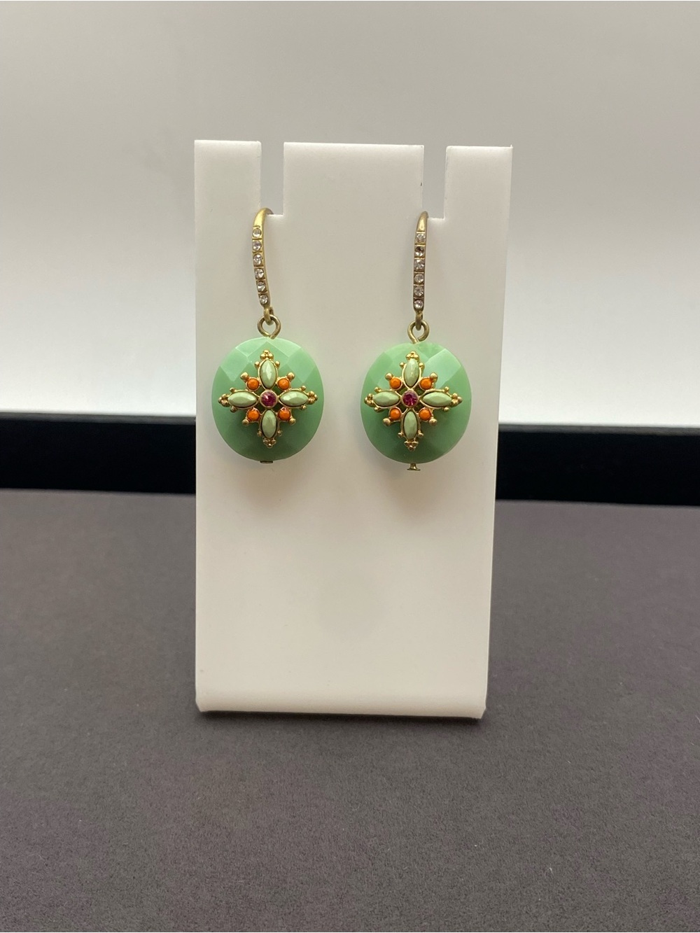 Green Drop Earrings with Gold Accents and Colorful Accents - Picture 5 of 9